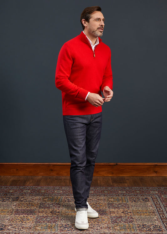 Men's Lambswool 1/4 Zip Jumper in Tartan Scarlet