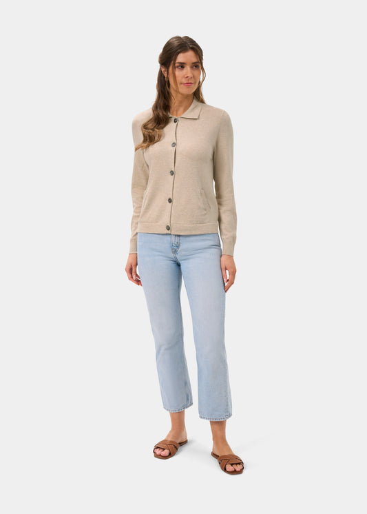 Ladies Cotton Cashmere Collared Cardigan in Beige