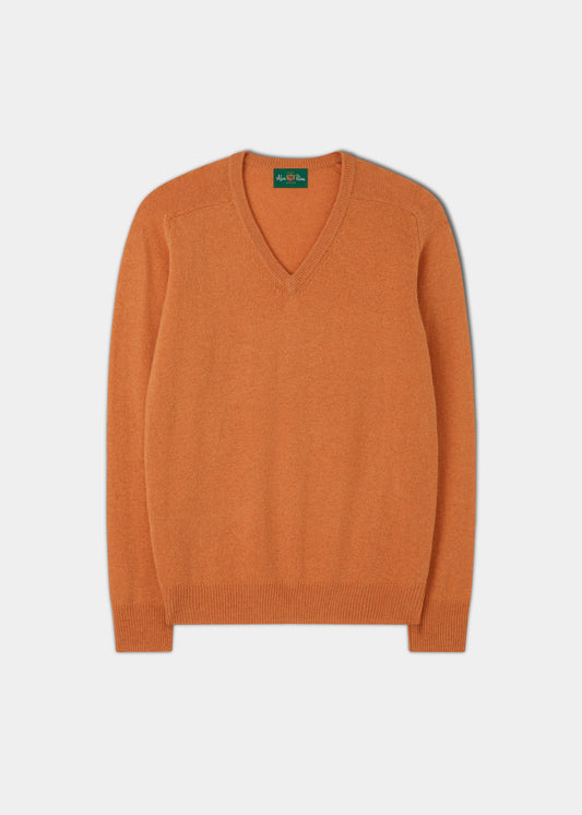 Herrenpullover aus Lammwolle mit V-Ausschnitt in Jaffa-Orange – klassische Passform