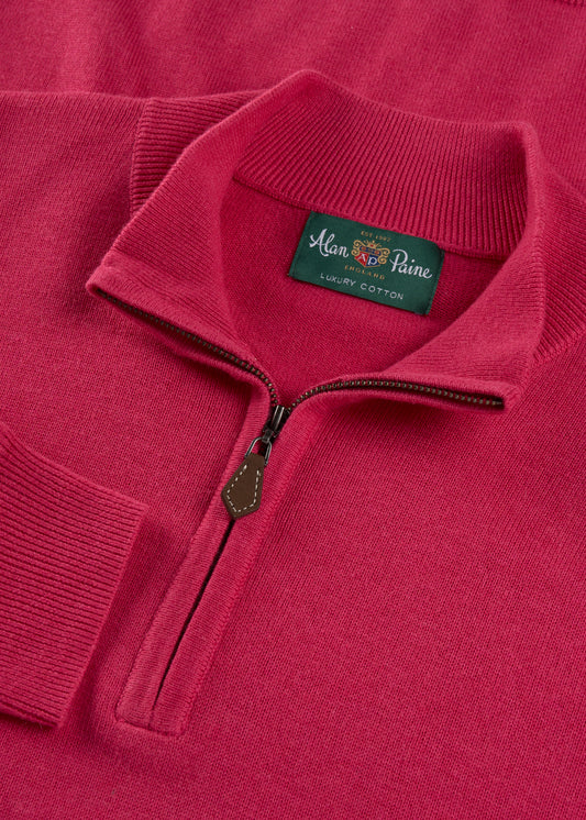 Mens Cotton Cashmere Quarter Zip Jumper in Raspberry Red