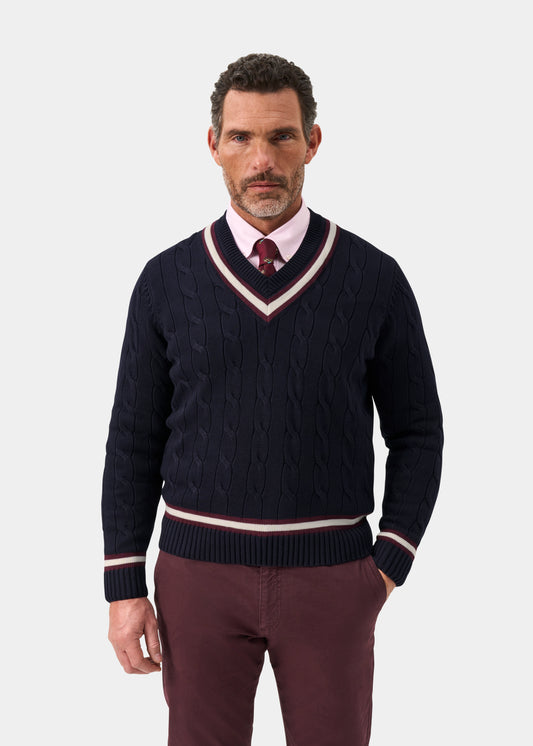 Men's Cotton Vee Neck Cricket Jumper in Navy & Purple