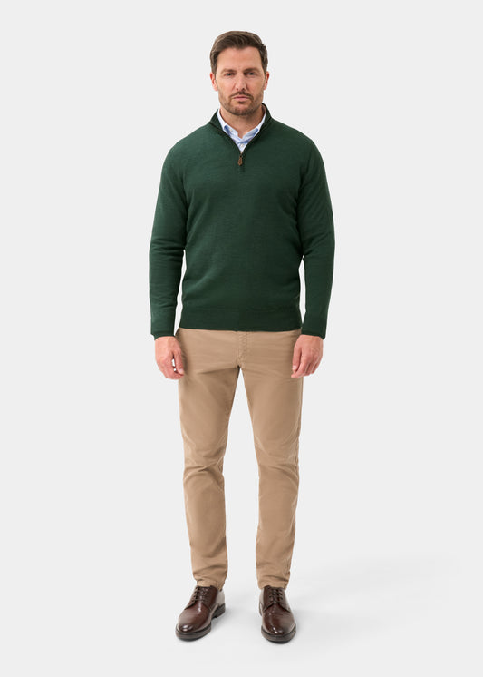 Men's Merino Wool Quarter Zip Neck Jumper in Hunter Green