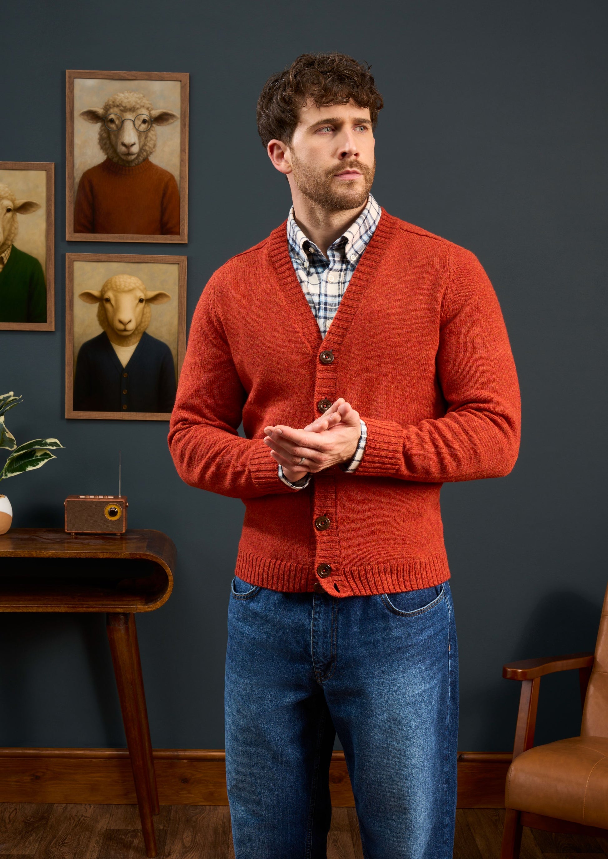 Mens-Shetland-Wool-Cardigan-Orange