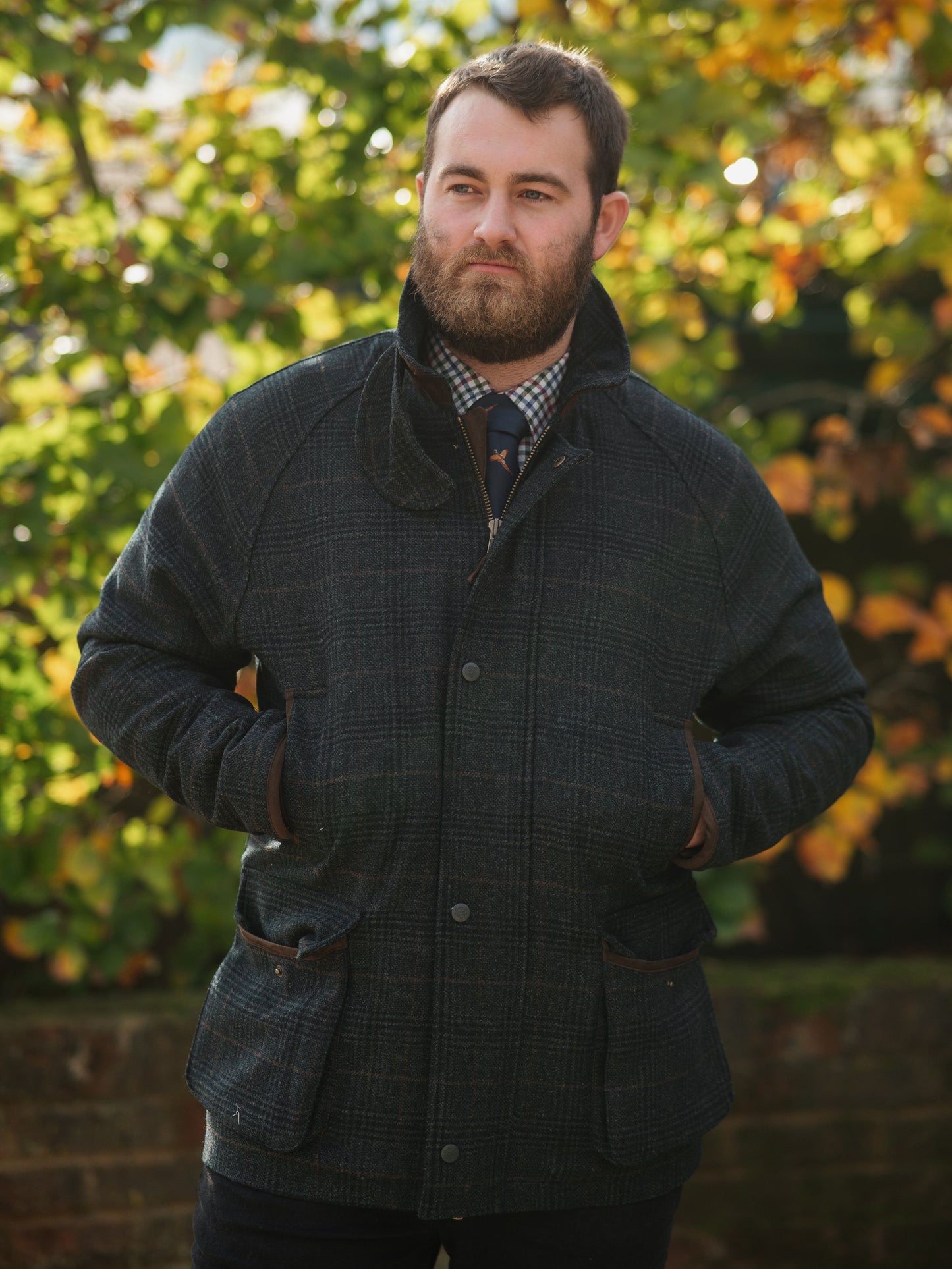 Wasserdichter Surrey-Tweed-Mantel mit grünem Karomuster – Shooting Fit