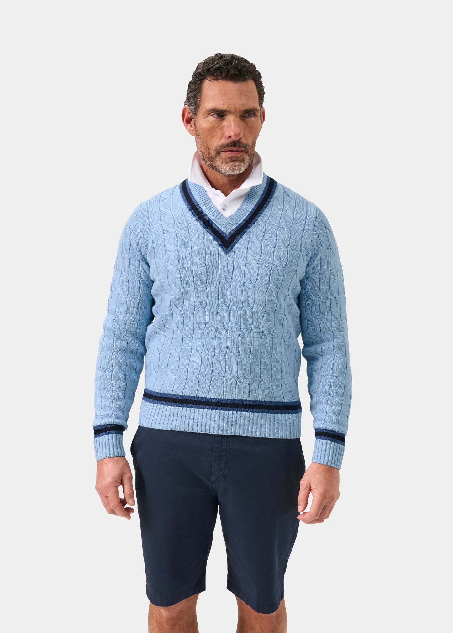 Sandridge Cable Knit Cricket Jumper In Steel Blue and Dark Navy