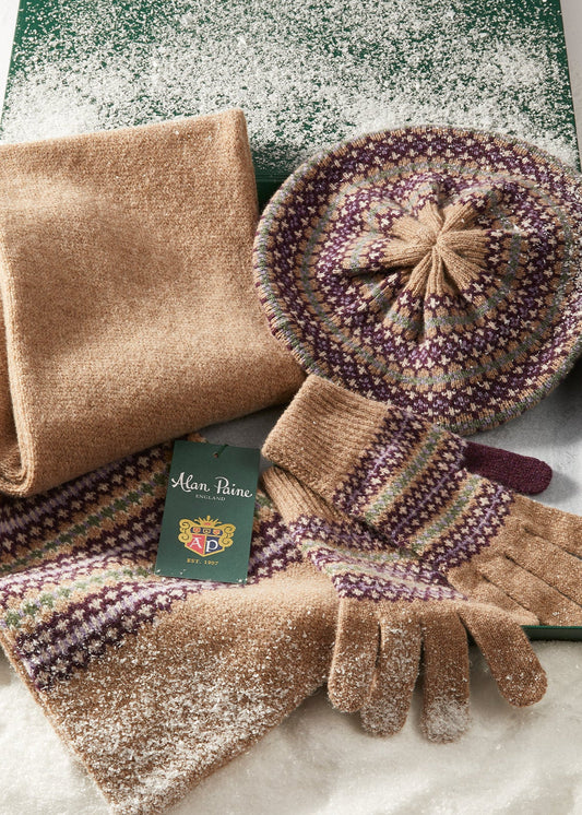 Imogen Damen Strick-Woll-Set aus Baskenmütze, Handschuhen und Schal in Pecan
