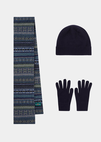 Tideswell Herren Strickmütze, Schal und Handschuh-Set aus Wolle in Marineblau.
