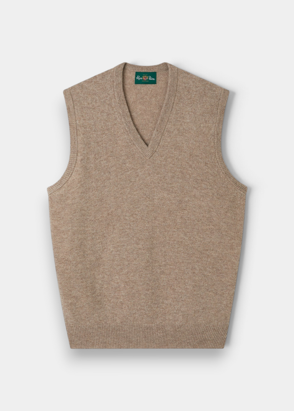 Norfolk Lambswool V-Neck Slipover In Cobble: a light brown V-neck lambswool sweater vest in a soft knit.