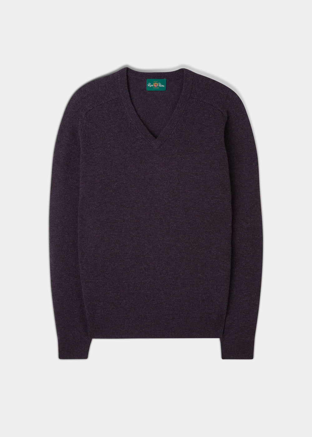 Kilsyth Lambswool Vee Neck Jumper in Elderberry, regular fit, long sleeve, shown flat on white background.