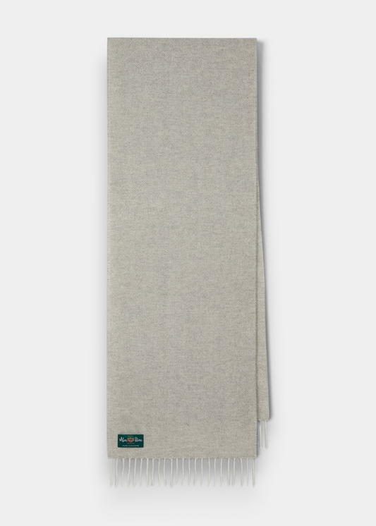 Kinross Cashmere Herringbone Scarf in Stone, folded with fringe and a small green label near the edge.