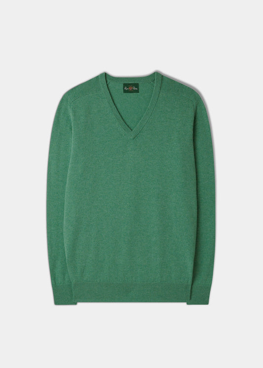 Men's Lambswool Vee Neck Jumper in Munsell Green
