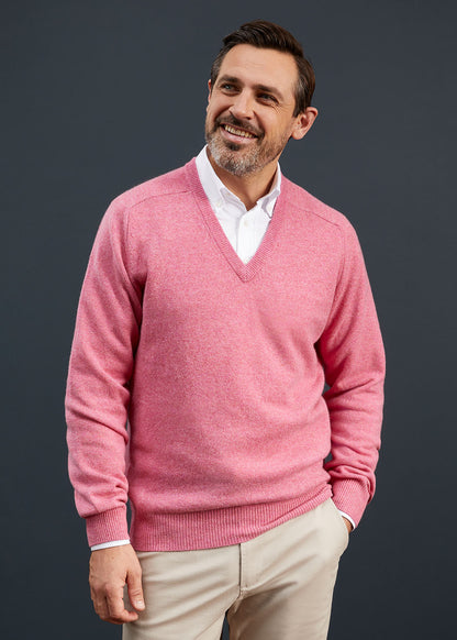 Men's Lambswool Vee Neck Jumper in Nougat 