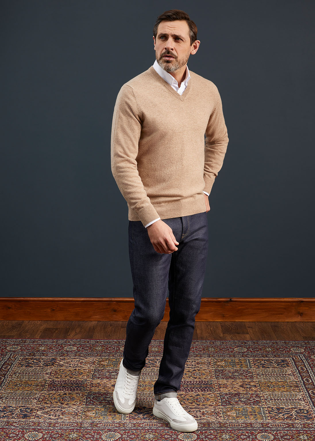 Men's Geelong Lambswool Vee Neck Jumper in Beige