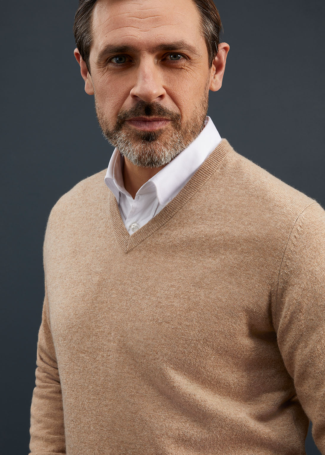 Men's Geelong Lambswool Vee Neck Jumper in Beige