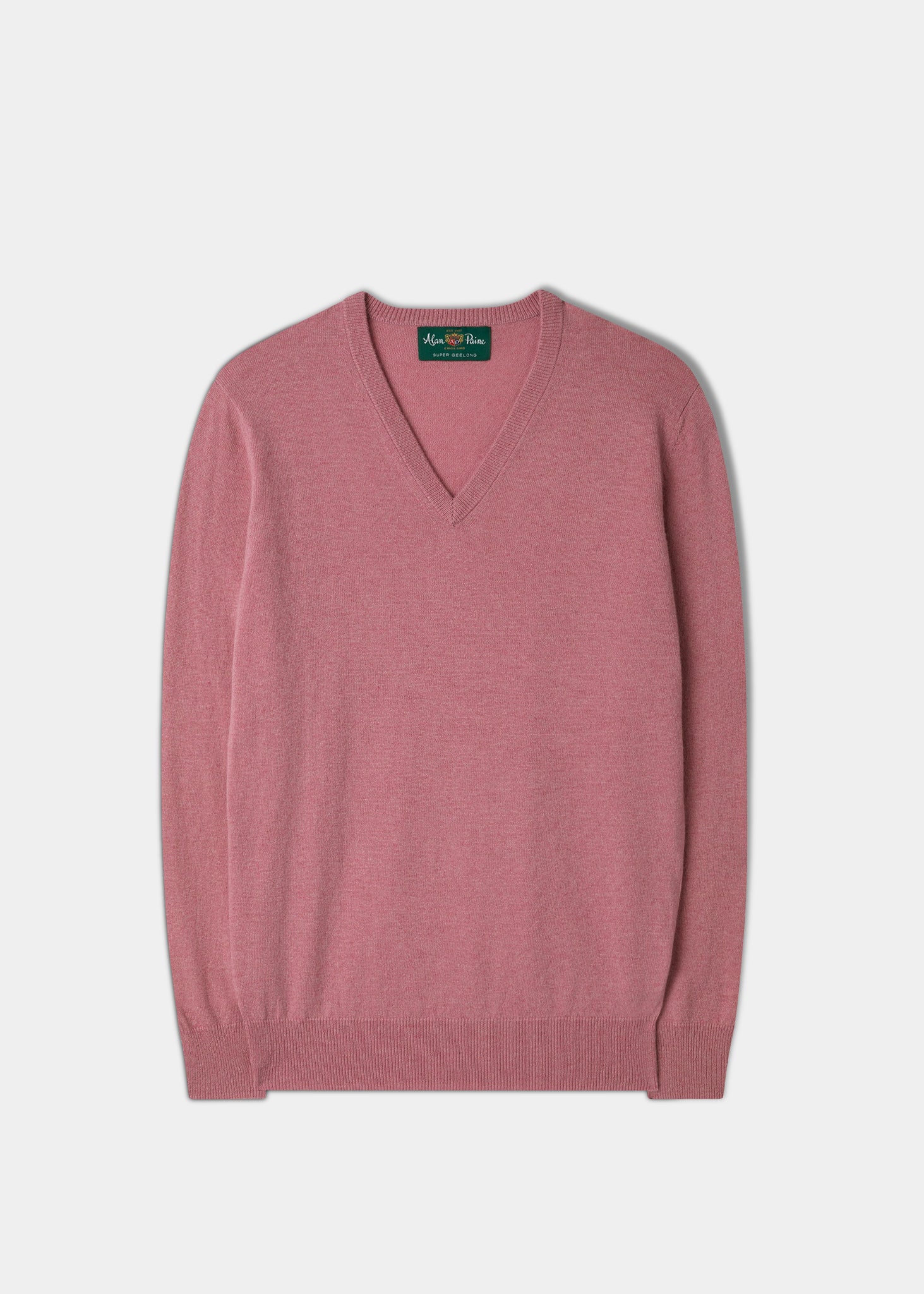 Men's Geelong Lambswool Vee Neck Jumper in Tea Rose