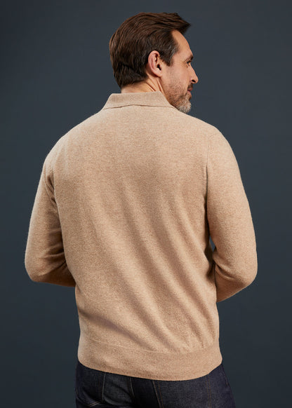 Men's Geelong Lambswool Long Sleeve Polo Shirt in Beige
