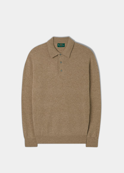 Men's Geelong Lambswool Long Sleeve Polo Shirt in Beige