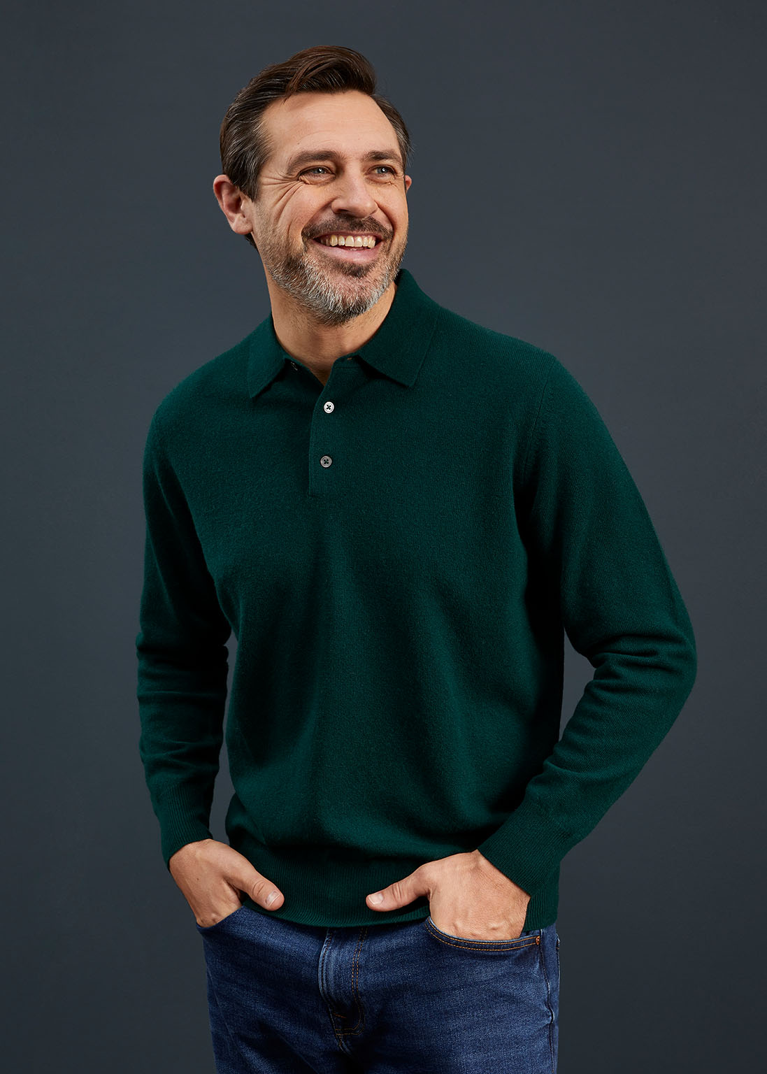 Men's Geelong Lambswool Long Sleeve Polo Shirt in Dark Olive