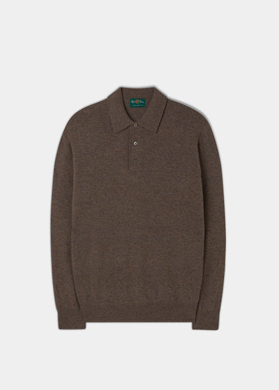 Men's Geelong Lambswool Long Sleeve Polo Shirt in Tobacco