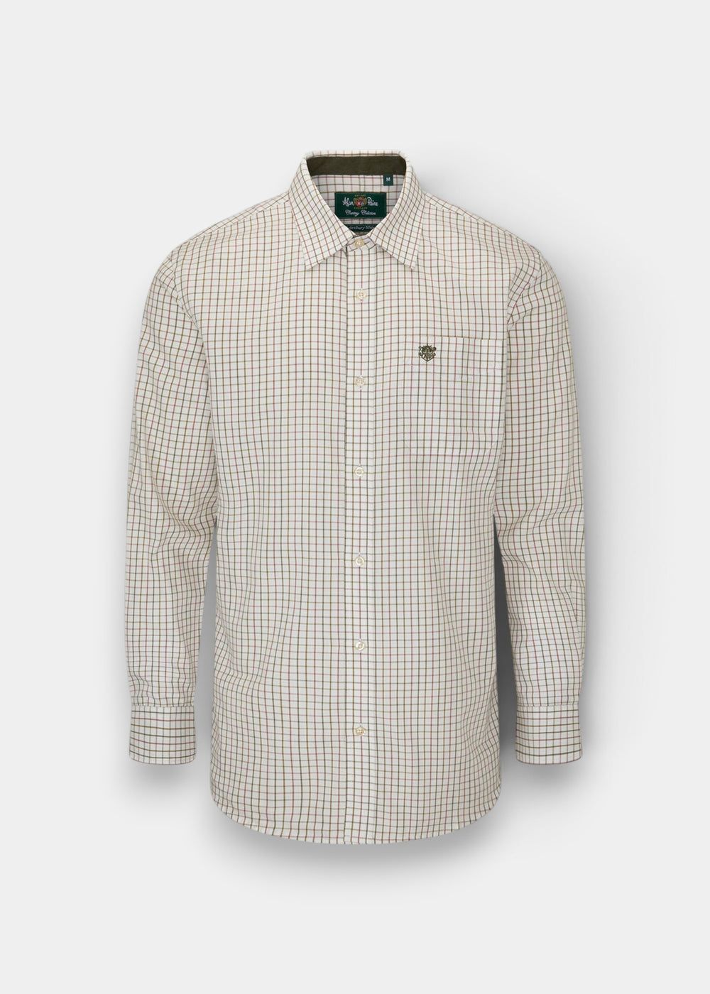 Aylesbury Cotton Country Check Shirt in Olive—regular fit men’s shirt with multicolored checks and chest logo.