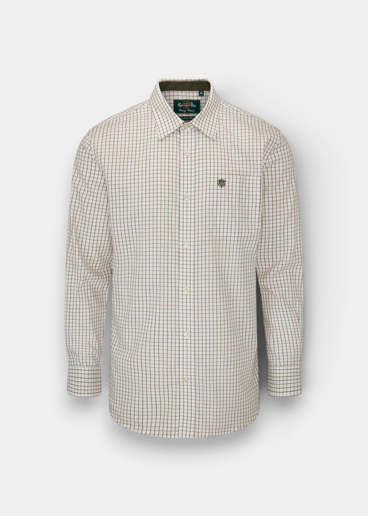 Aylesbury Cotton Country Check Shirt in Olive—regular fit men’s shirt with multicolored checks and chest logo.
