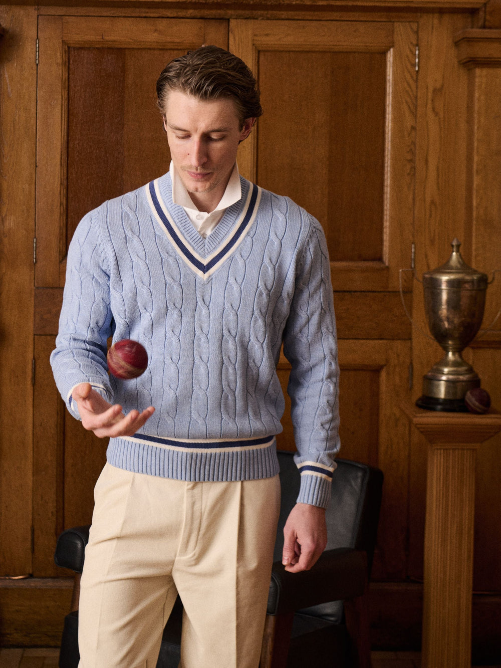 Sandridge Cotton Cable Knit V-Neck Cricket Jumper In Steel Blue and Ecru - Regular Fit