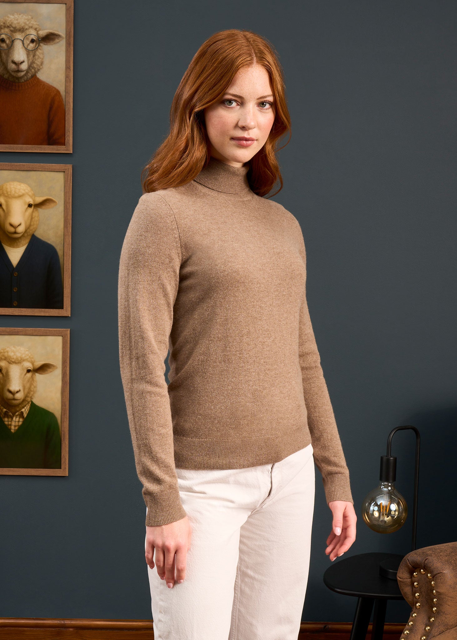 Clara Ladies Wool and Cashmere Roll Neck Jumper In Pecan