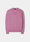 Herren-Pullover aus Geelong-Lammwolle mit V-Ausschnitt in Pink Haze – normale Passform