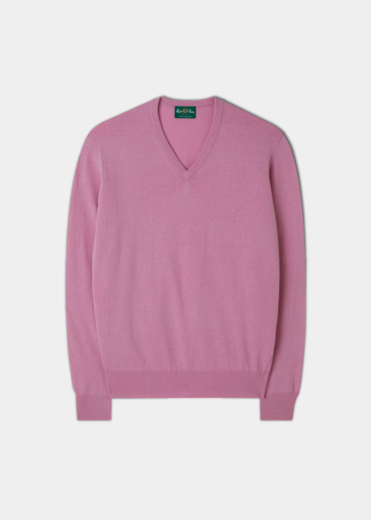 Herren-Pullover aus Geelong-Lammwolle mit V-Ausschnitt in Pink Haze – normale Passform