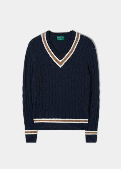 Grafton Men's Merino Wool Cable Cricket Jumper In Navy - Regular Fit