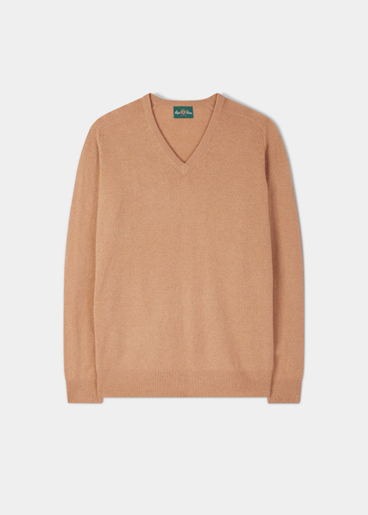 Hampshire Lambswool Vee Neck Jumper in Camel, classic fit, shown flat on a plain white background.