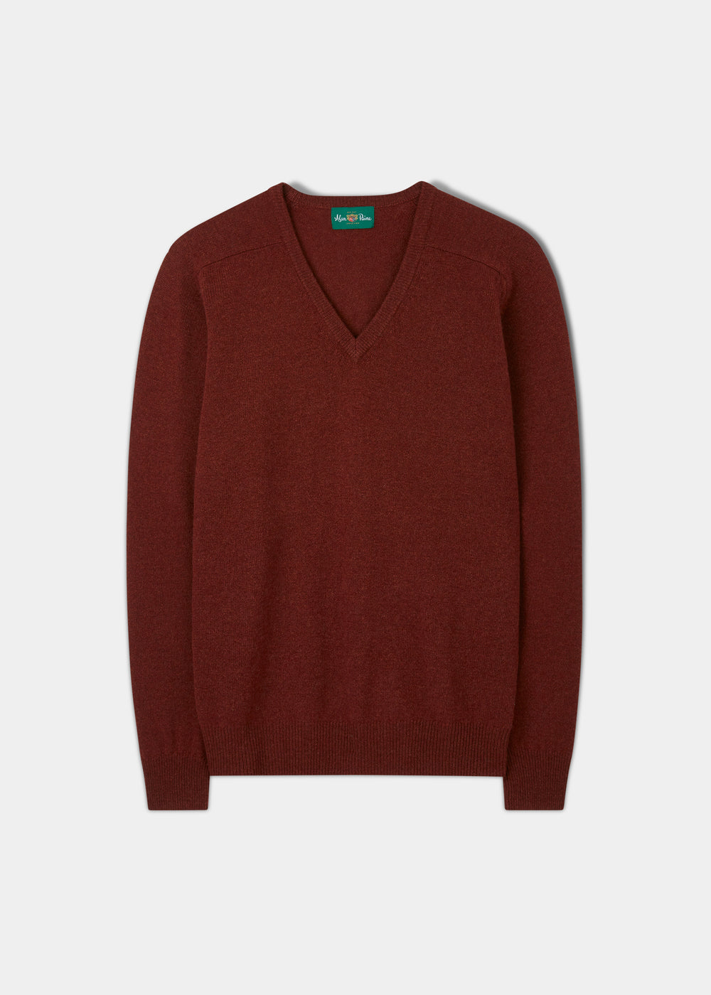 Hampshire Lambswool Vee Neck Jumper in Sienna, classic fit, saddle shoulder, laid flat on white background.