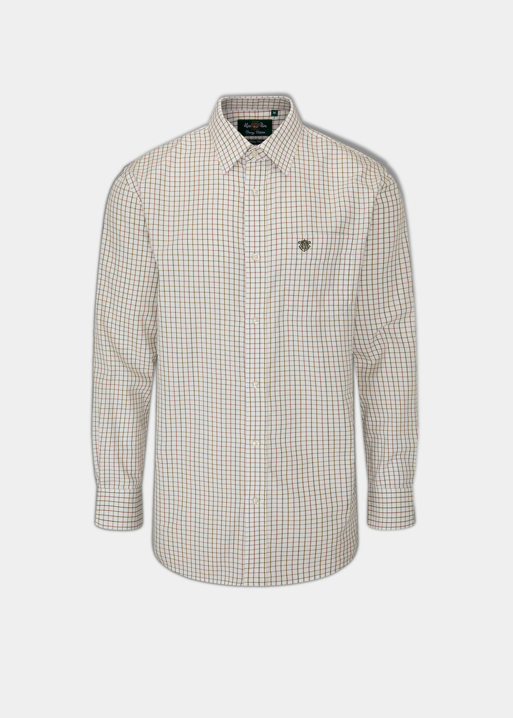 Ilkley Men’s Country Check Olive Shirt - Shooting Fit: cotton, olive check print, long-sleeve button-up design.