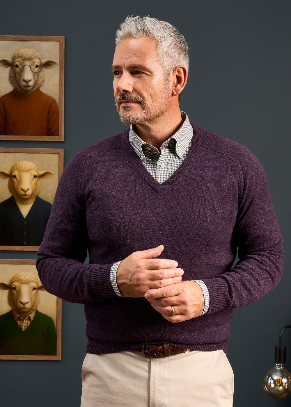 A gray-haired man in a Kilsyth Lambswool Vee Neck Jumper in Elderberry stands by framed sheep art on a dark wall.