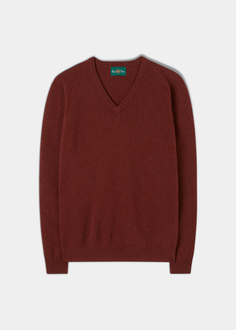Kilsyth Lambswool Vee Neck Jumper in Sienna, regular fit, is laid flat on a white background.