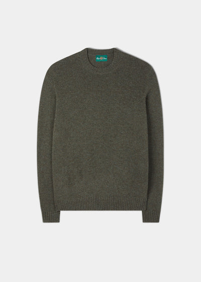 Kinnadie Supersoft Shetland Wool Crew Neck Jumper in Moorland, regular fit, laid flat on white background.