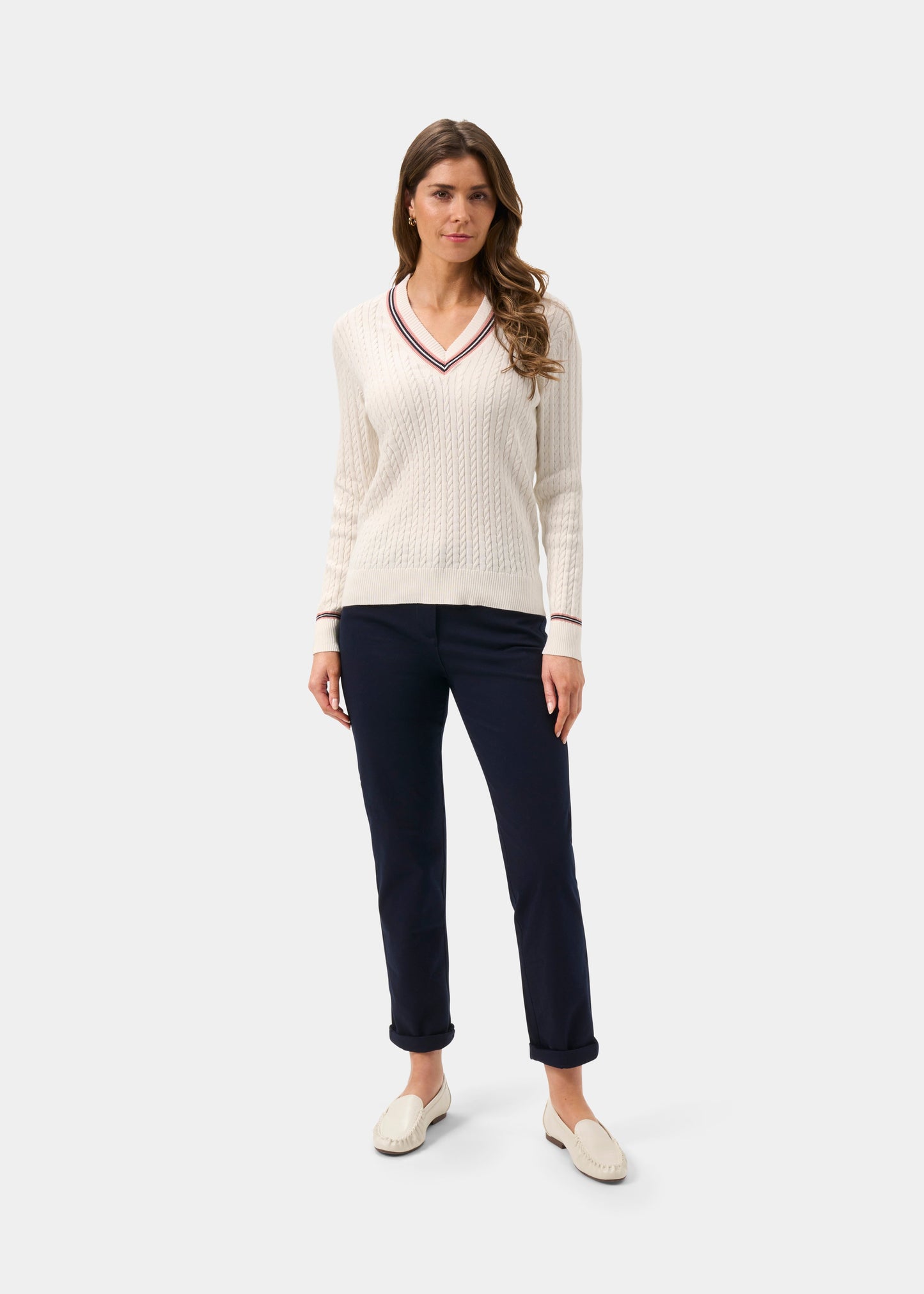 Ladies Cotton Cable Knit Cricket Jumper in White