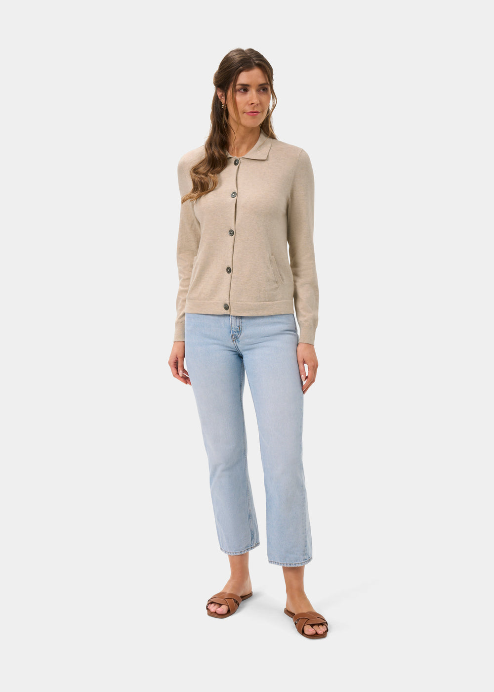 Ladies Cotton Cashmere Collared Cardigan in Beige
