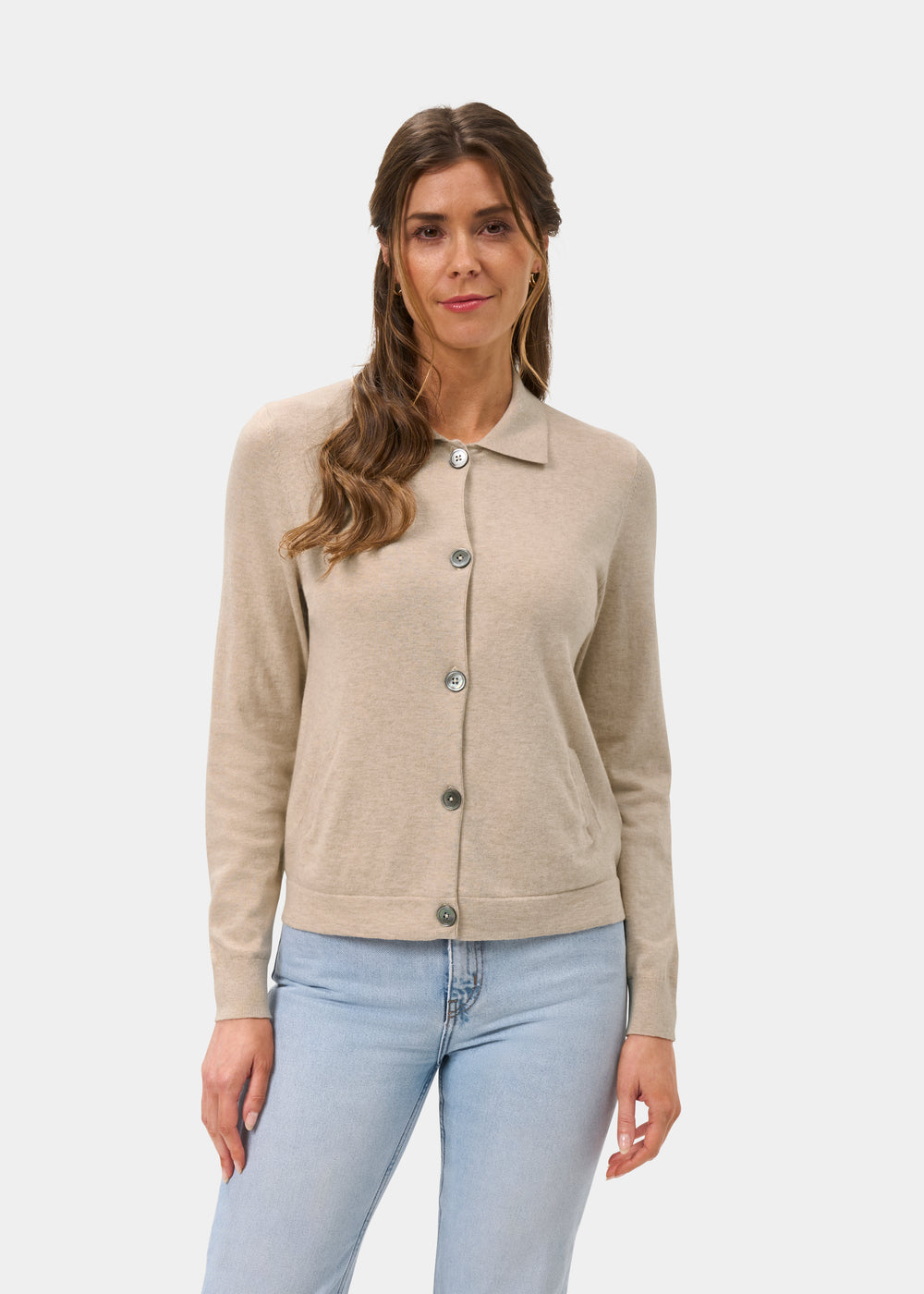 Ladies Cotton Cashmere Collared Cardigan in Beige