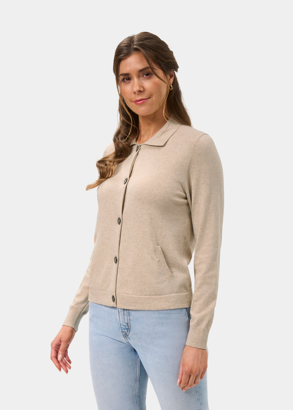 Ladies Cotton Cashmere Collared Cardigan in Beige