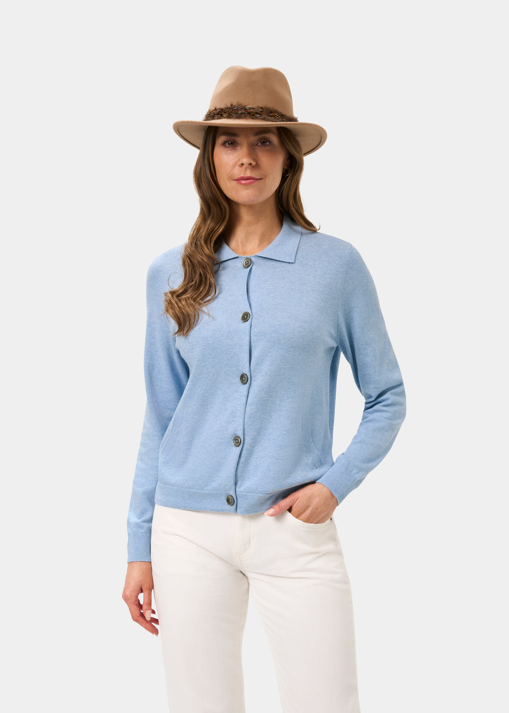 Ladies Cotton Cashmere Collared Cardigan in Light Blue