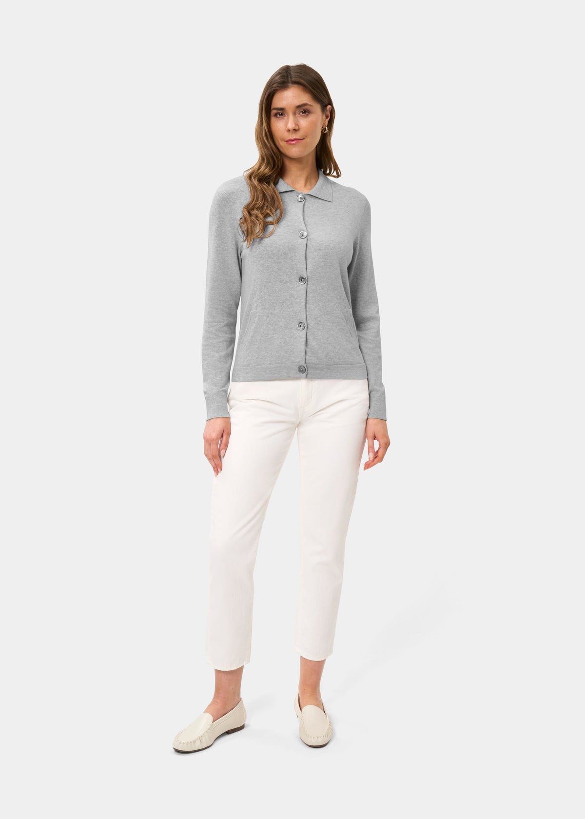 Ladies Cotton Cashmere Collared Cardigan in Light Grey
