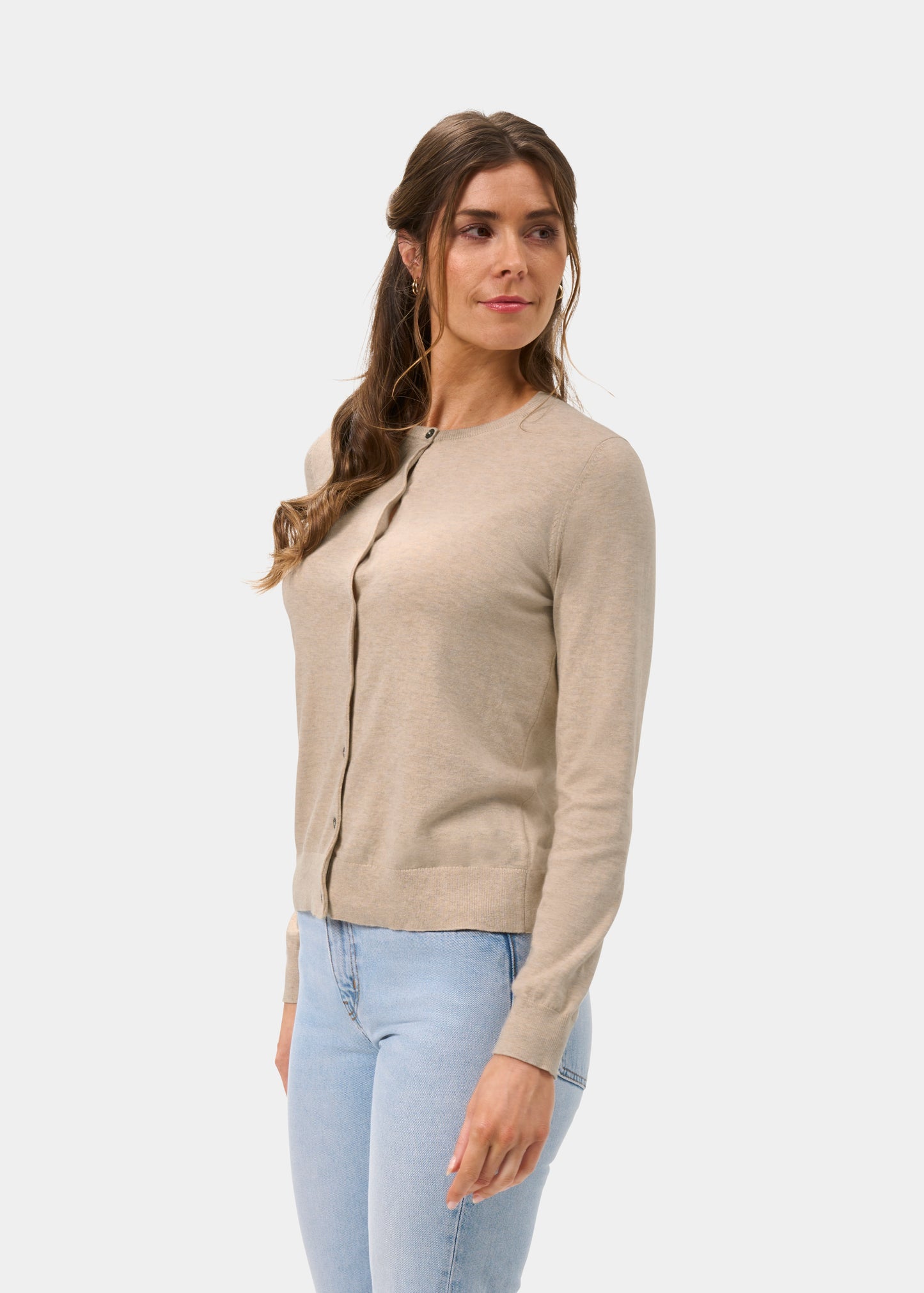 Ladies Cotton Cashmere Crew Neck Cardigan in Beige