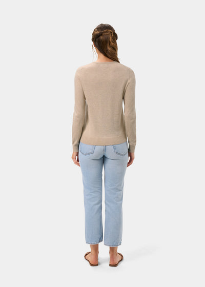 Ladies Cotton Cashmere Crew Neck Cardigan in Beige