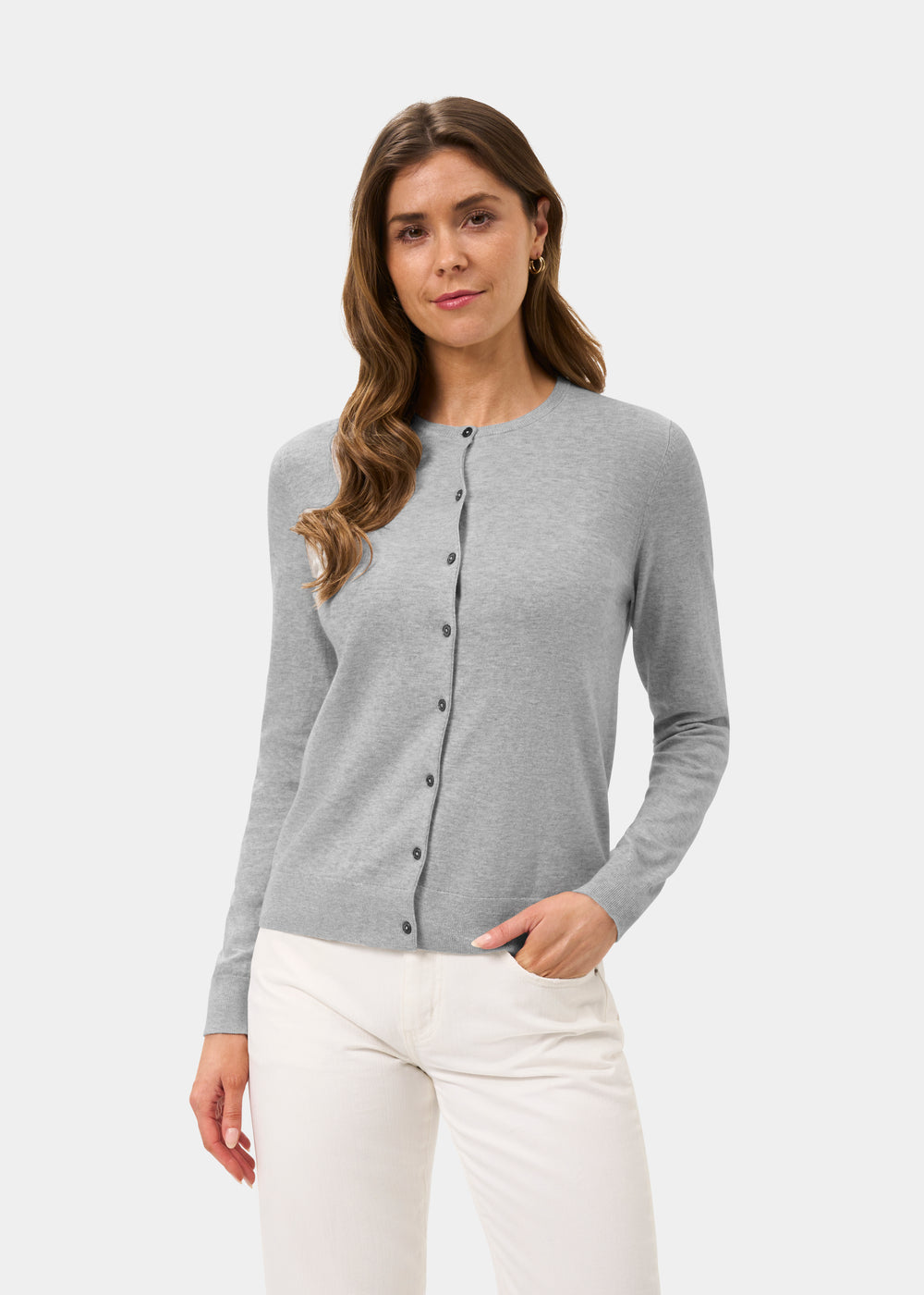 Ladies Cotton Cashmere Crew Neck Cardigan in Light Grey