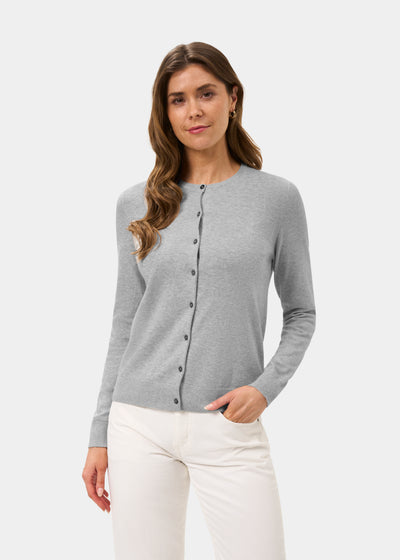 Ladies Cotton Cashmere Crew Neck Cardigan in Light Grey