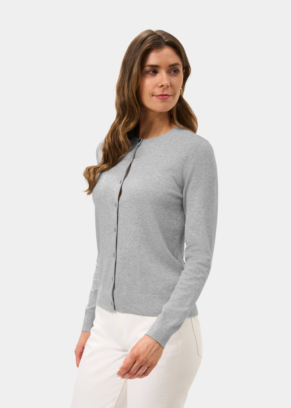 Ladies Cotton Cashmere Crew Neck Cardigan in Light Grey