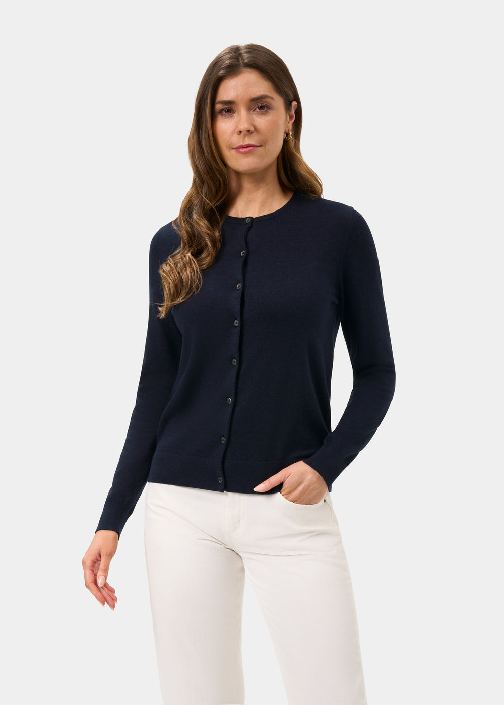 Ladies Cotton Cashmere Crew Neck Cardigan in Navy