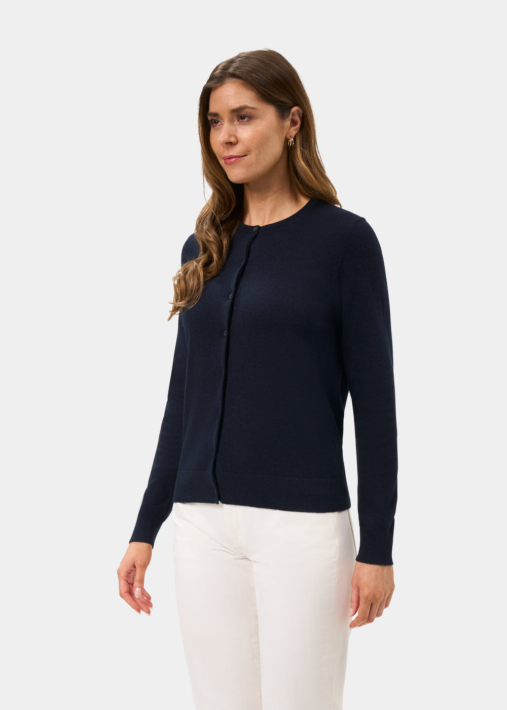 Ladies Cotton Cashmere Crew Neck Cardigan in Navy