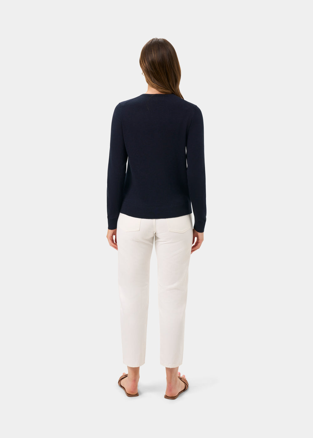 Ladies Cotton Cashmere Crew Neck Cardigan in Navy